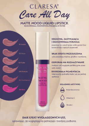 Claresa Pomadka w Płynie 01 Joyful Matte Mood – Długotrwały Komfort i Kolor - obrazek 2